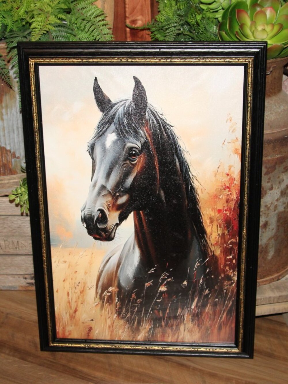 Large Dark Moody Farmhouse Horse Wall Decor in VTG Black & Gold Frame